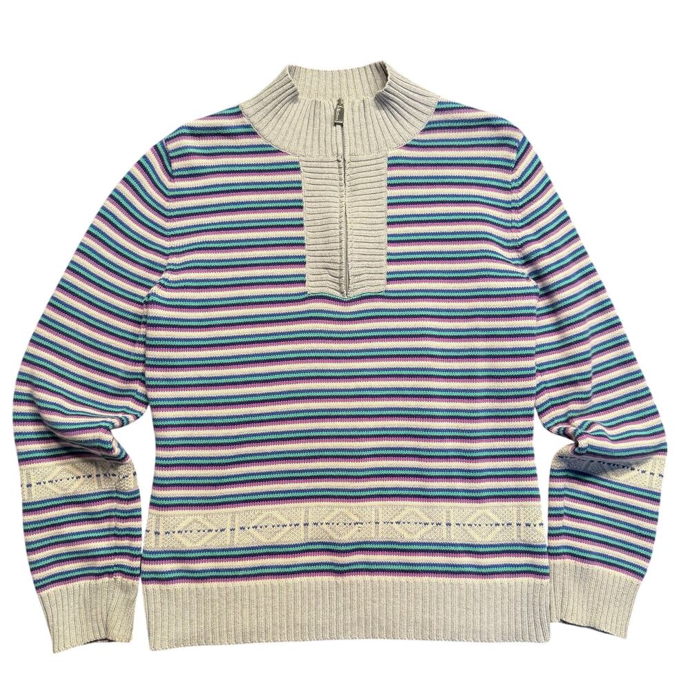 Striped 1/4 Zip Sweater Womens Size M Purple Teal Fair Isle Knit Mock Neck